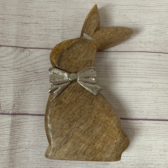 Wood Bunny Rabbit Figurine with Metal Silver Bow Easter Spring Farmhouse 9 3/4"H - Picture 12 of 12